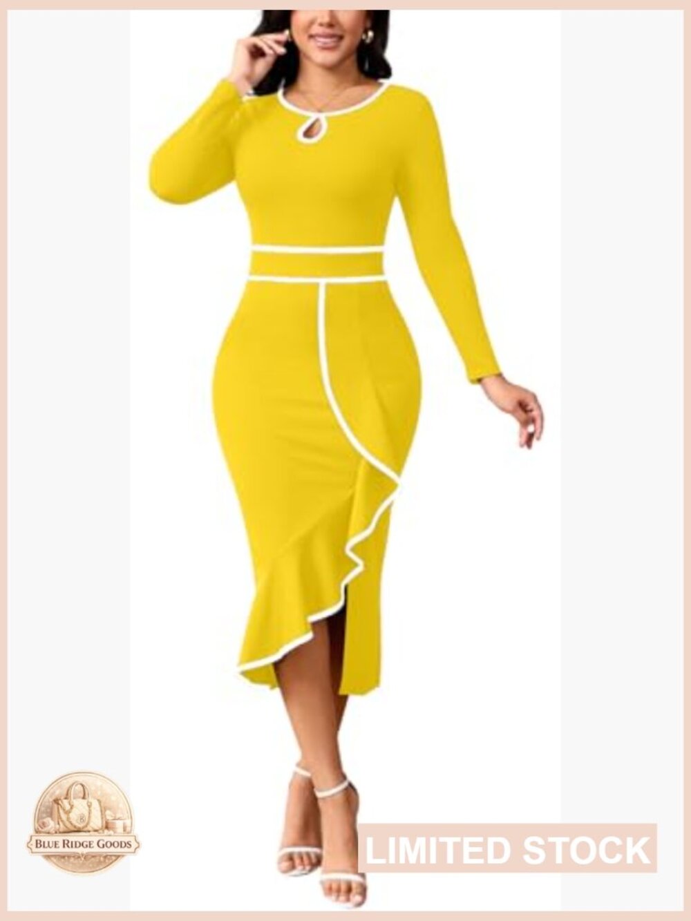 Long Sleeve Bodycon Midi Dress Ruffle Side Split Work Party Evening - Picture 2 of 5